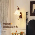 French-style wall lamp, vintage-inspired, for bedroom bedside, living room, hallway, or entryway accent wall. retro walnut finish, eye-friendly wall sconce