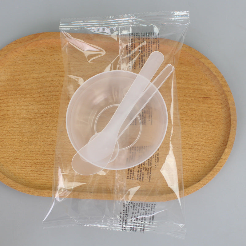 Individually packaged beauty mask bowl set - 3-piece spa tool kit: plastic bowl, mixing spatula, and measuring spoon with graduated markings