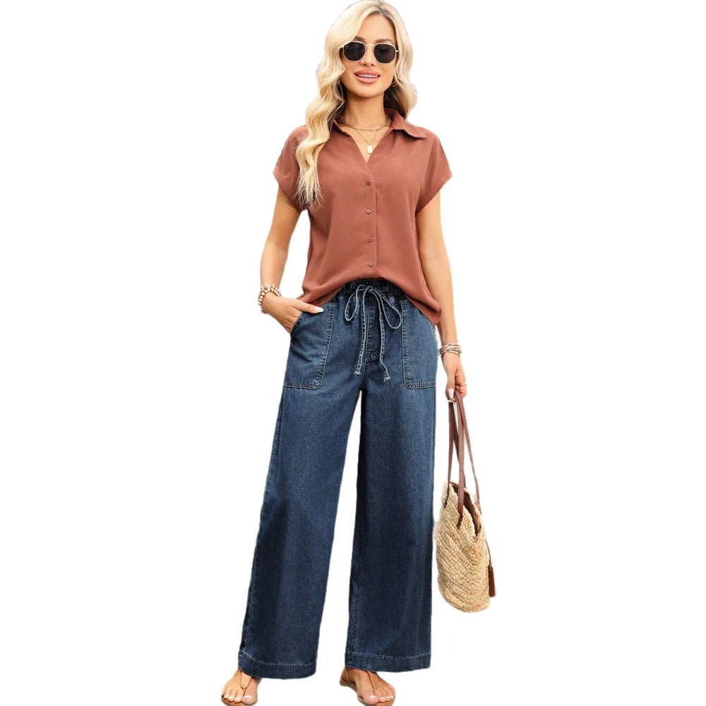European and american style women's dark blue washed drawstring waist wide leg jeans - casual, oversized, with large patch pockets