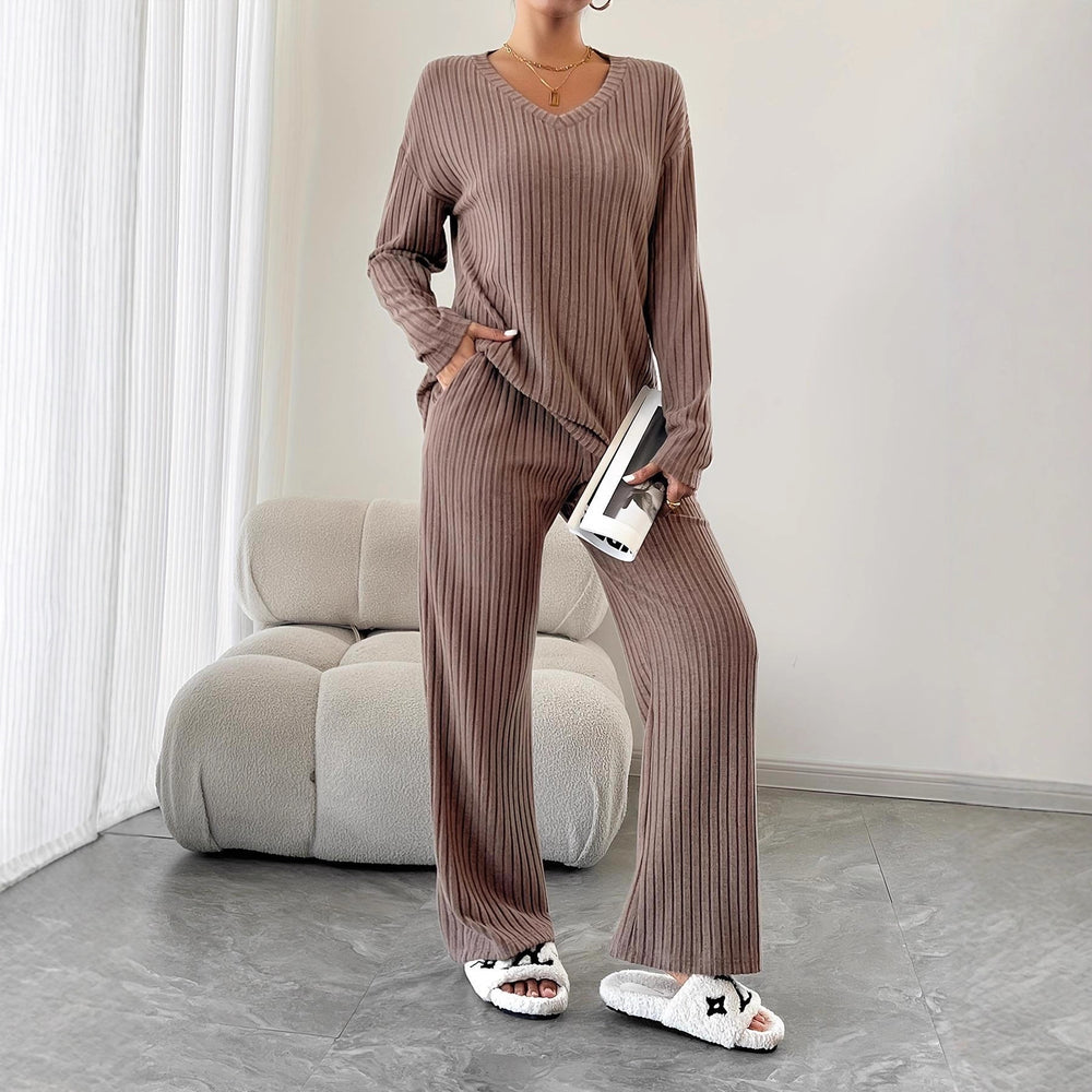 Influencer's choice:  fall/winter ribbed knit brushed cotton loungewear set - versatile for home or out, cross-border fashion casual