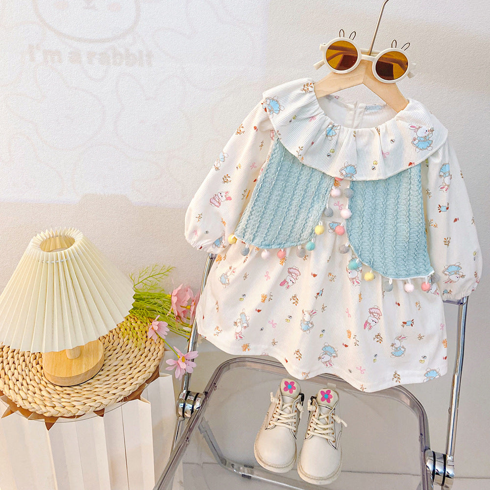 Sweet girls' dress: new autumn  collection - trendy cartoon graffiti faux two-piece dress, korean style fashion