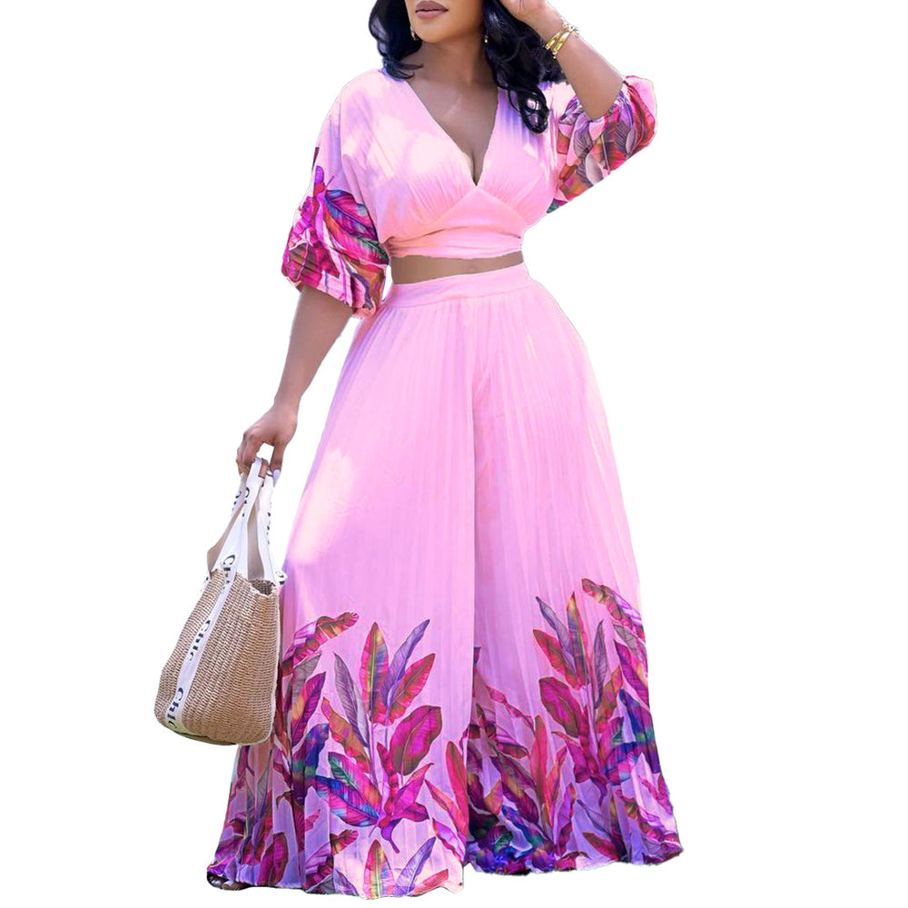 C8522 independent station european and american clothing summer new fashion v neck printing tops loose pants two-piece set export suit