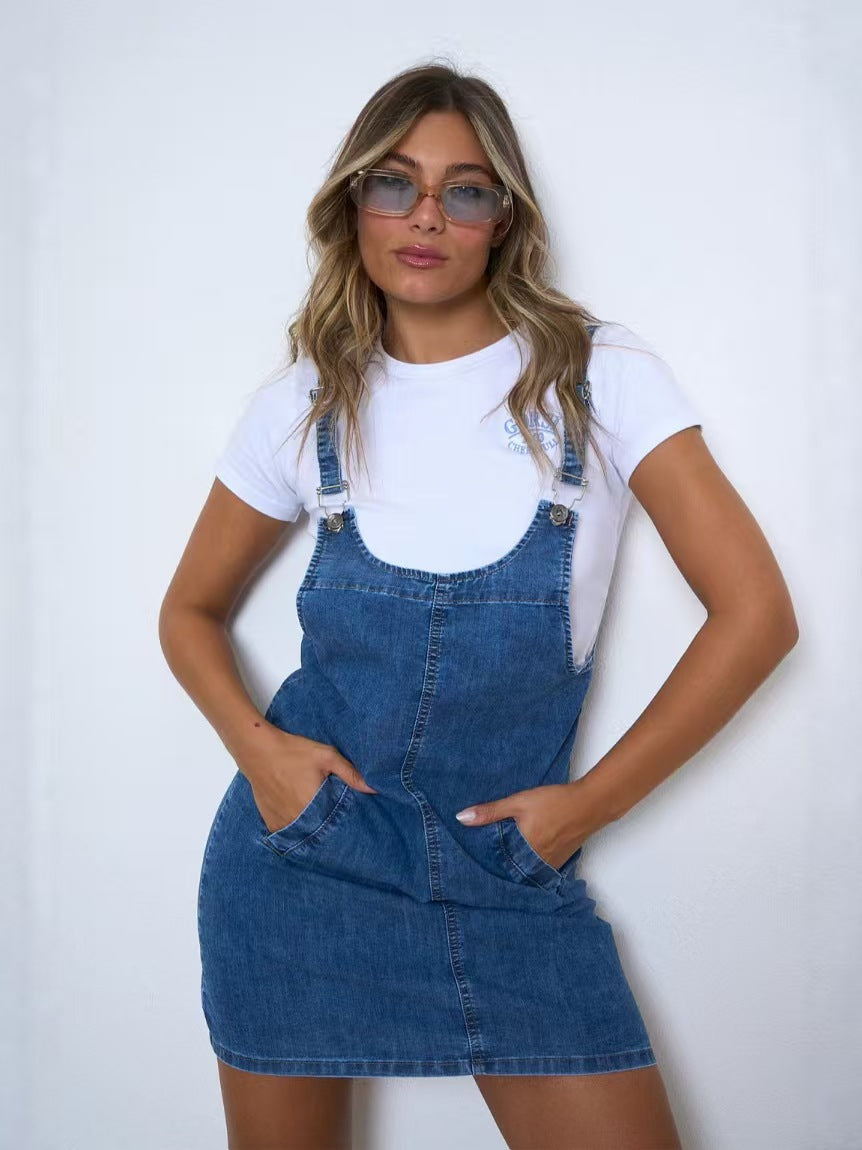 fashion cross-border new street trendy slimming lookfashioneasiest for match denim suspender suspender skirt