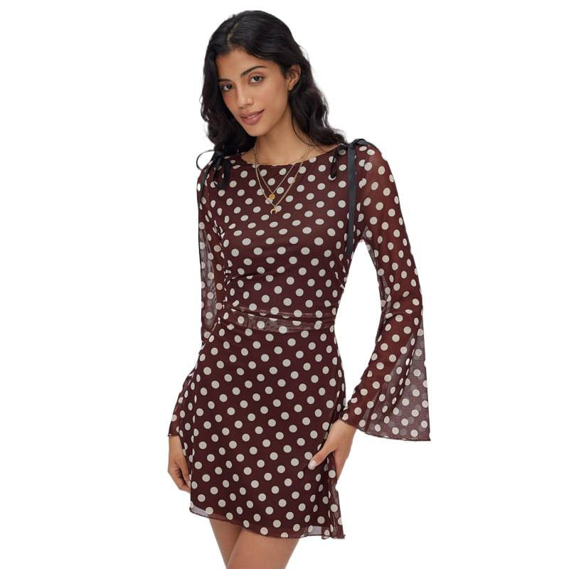 Amazon fashion see-through sexy polka dot long sleeve dress women's  summer new design skirt