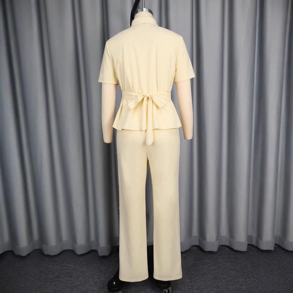Collared, cutout button-down shirt with tie waist and versatile straight-leg pants set - two-piece set