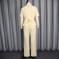 Collared, cutout button-down shirt with tie waist and versatile straight-leg pants set - two-piece set