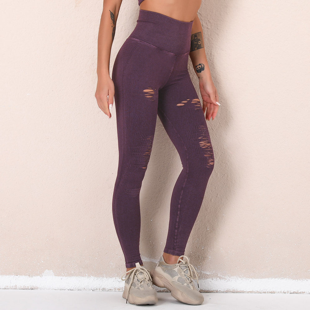 Big sale cross-border new arrival washed yoga pants with holes cut out seamless high waist sports nine-point pants butt lift fitness pants for women
