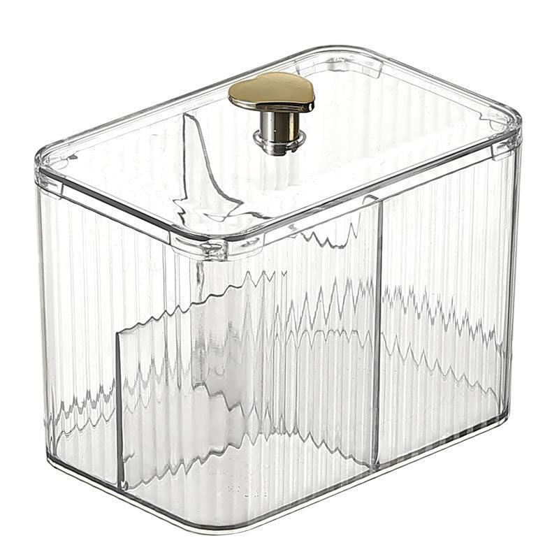 Cosmetic organizer box - cotton swabs, cotton pads, makeup sponges, makeup brushes - desktop storage with lid, divided compartments, transparent organizer