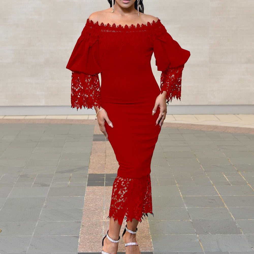 Amazon  spring/summer new lace patchwork off-the-shoulder bodycon evening gown - european & american style dress