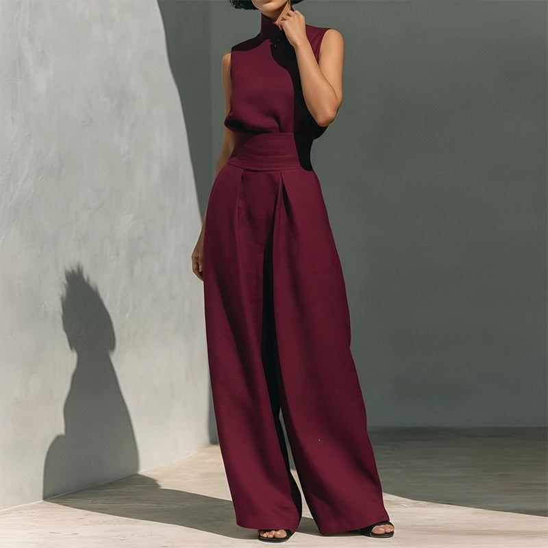 summer new women's clothing: cross-border european and american style, fashionable and elegant solid color high neck sleeveless straight-leg pants set