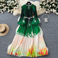 European and american high-end elegant women's fashion beaded round neck hollow-out pleated lantern sleeve cinched waist printed maxi dress