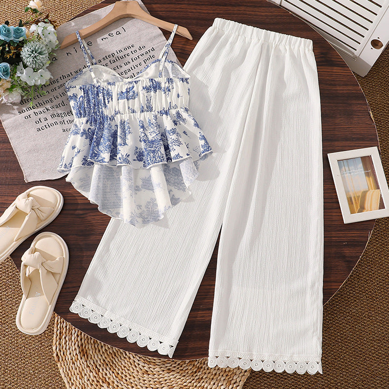 Girls' two-piece set:  spring/summer new french print irregular hem cami top and lace wide-leg pants