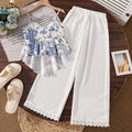 Girls' two-piece set:  spring/summer new french print irregular hem cami top and lace wide-leg pants