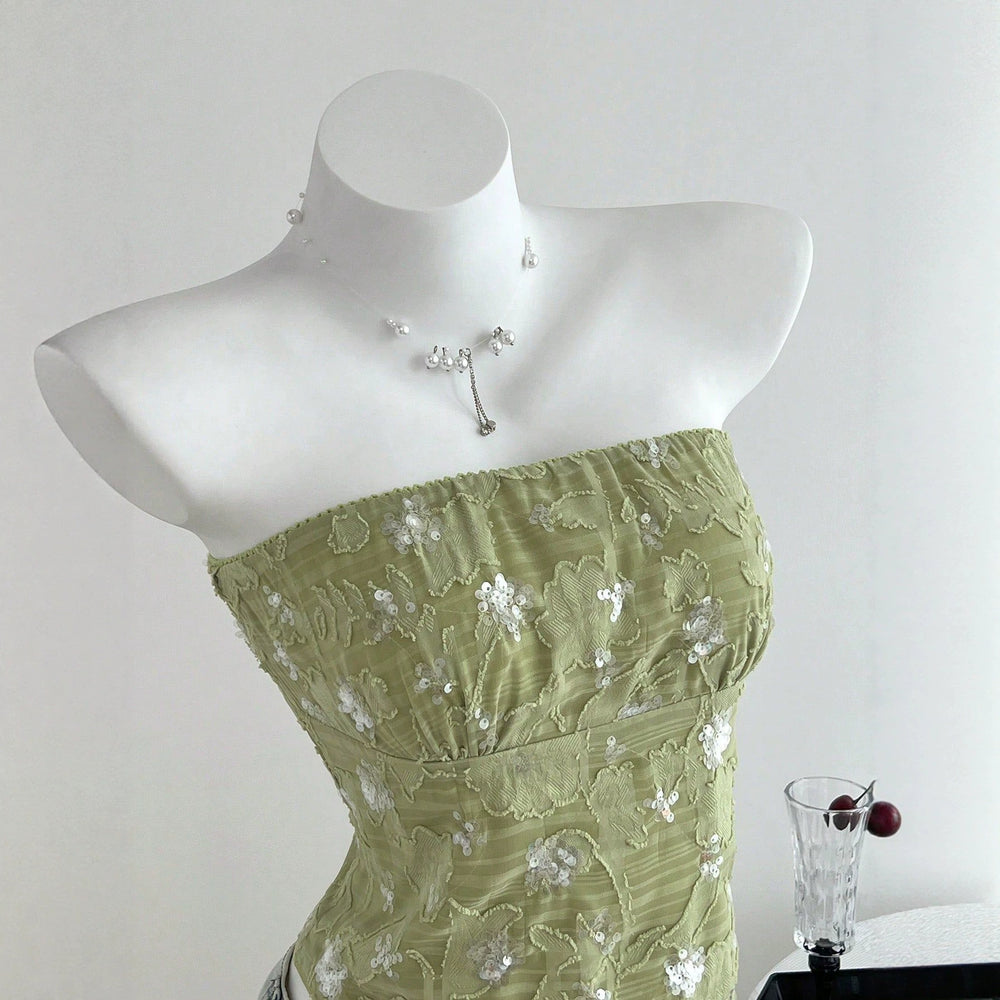 Ready-to-ship 73707#  cross-border fashion summer sheer sequin textured soft & elegant women's bandeau top