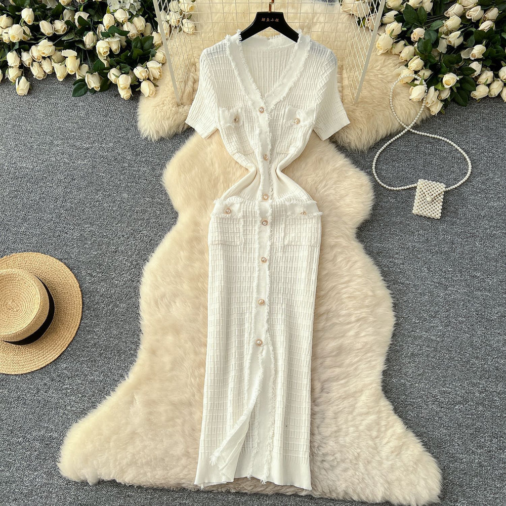 Exportelegance tweed styleretrov neck metal single breasted silmslimming lookelegant hip covering knittingdress spring