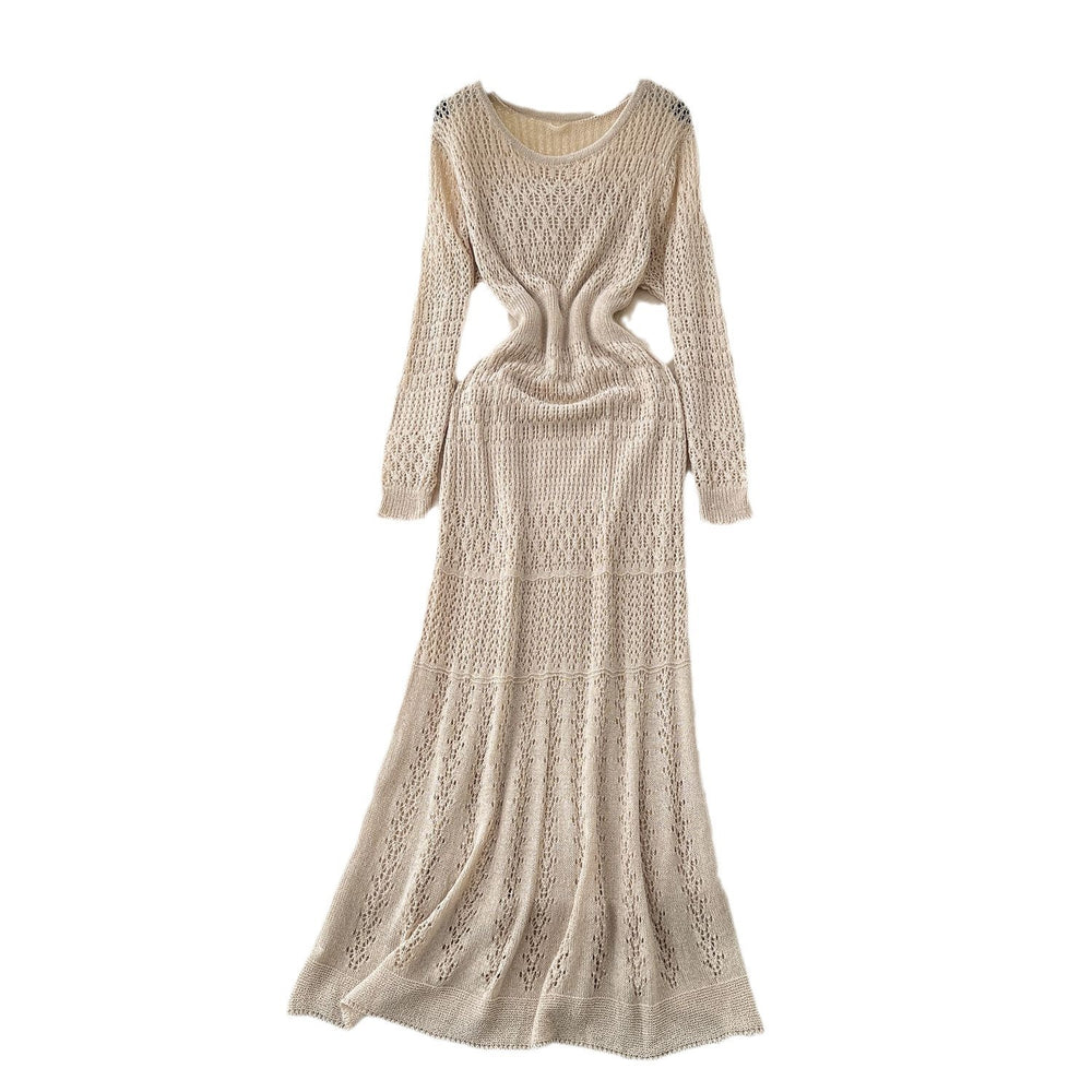 Korean style hollow-out crochet knit dress - women's slimming, long-sleeved dress with inner layer camisole two-piece set