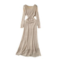 Korean style hollow-out crochet knit dress - women's slimming, long-sleeved dress with inner layer camisole two-piece set