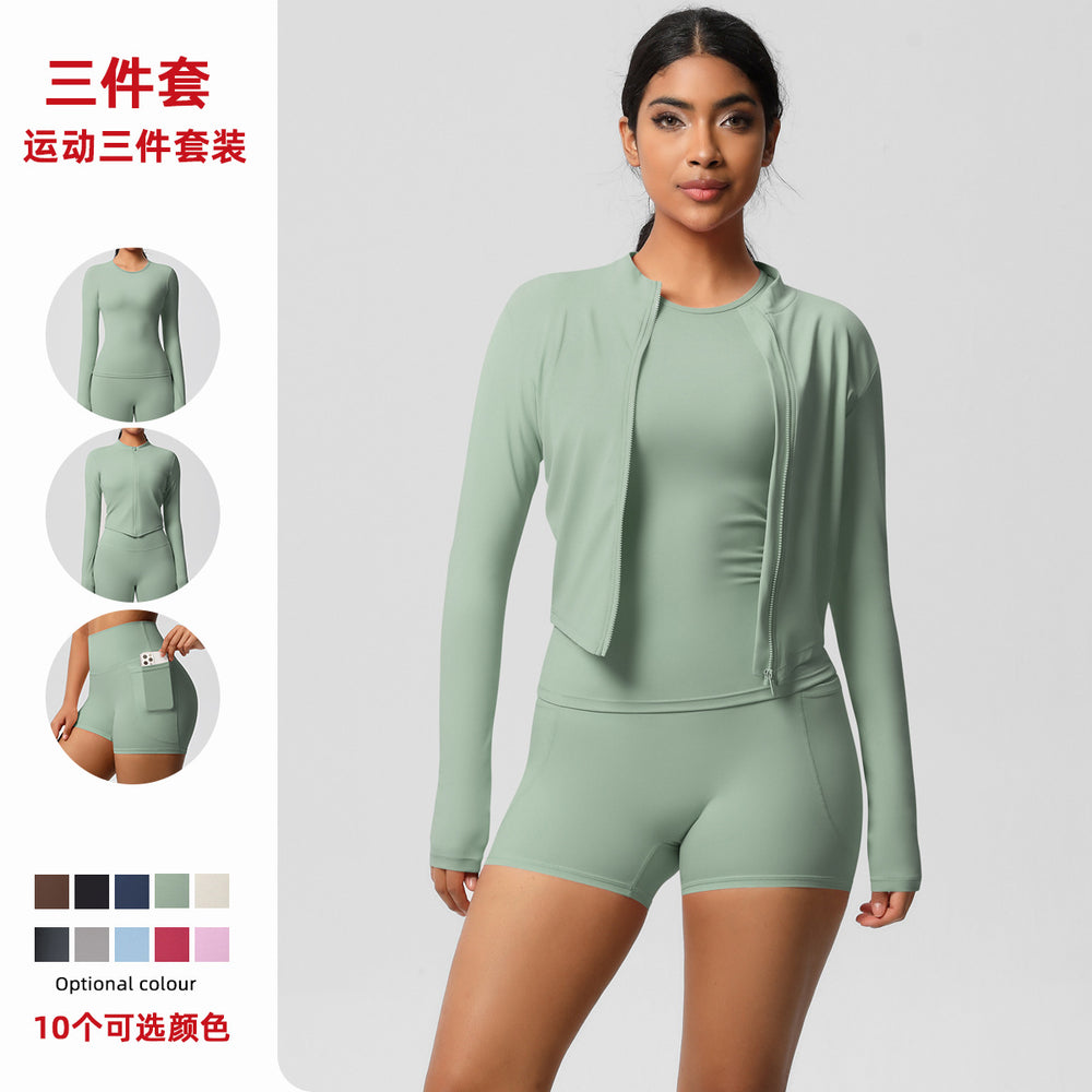 European and american new cloud-feel quick-dry yoga outfit: tight-fitting, butt-lifting pocket shorts sports set - outdoor fitness three-piece set