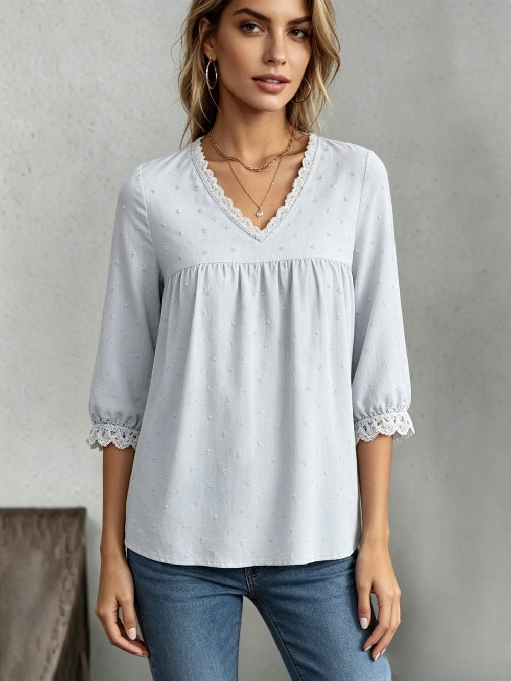 summer european and american casual women's pullover jacquard v-neck solid color blouse