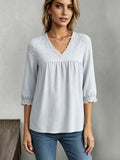 summer european and american casual women's pullover jacquard v-neck solid color blouse