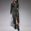 Amazon independent station  cross-border women's lapel button long sleeves slit new arrival denim longdress