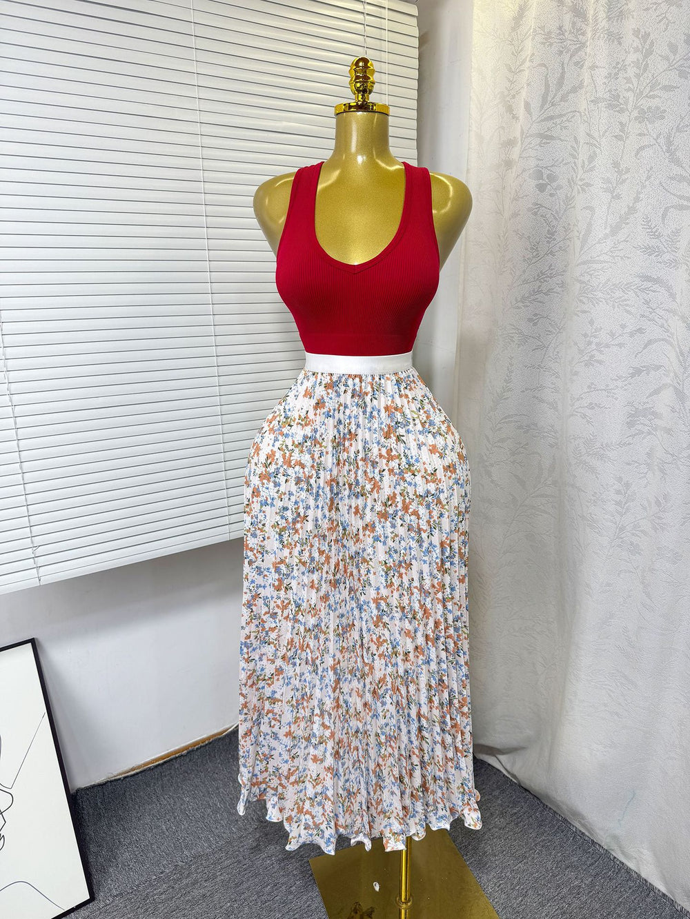 export 2026 summer new arrival: printed pleated a-line midi skirt with elastic waist and flared ruffle hem