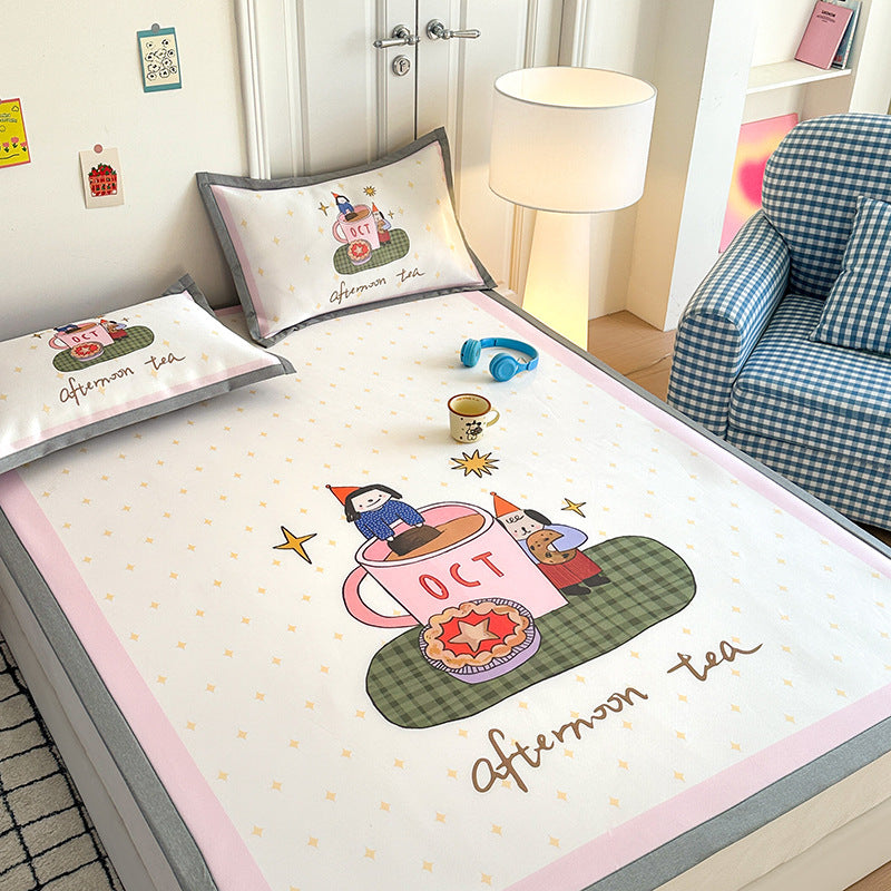 Summer cute ice silk mat three-piece set 1.8 meters single dormitory 0.9 cool silk carbon light foldable soft mat