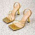 European and american style gold square-toe sandals for women, thin strap high heel thong sandals, light luxury banquet, unique slimming design, everyday wear