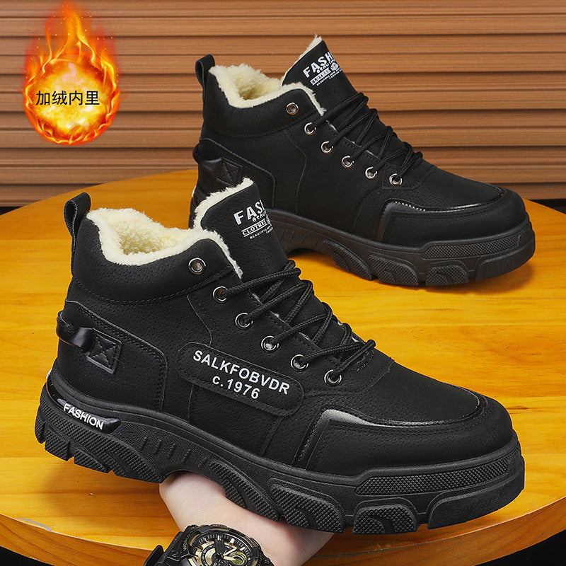 Men's winter 2025 new martin boots: fleece-lined, warm, work boots, waterproof, non-slip, chunky sole, trendy men's shoes