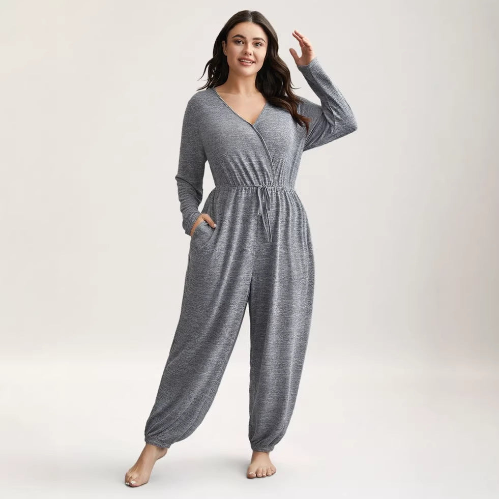 Amazon  cross-border plus size curvy women's clothing - women's long pants - women's deep v-neck tie-waist jumpsuit