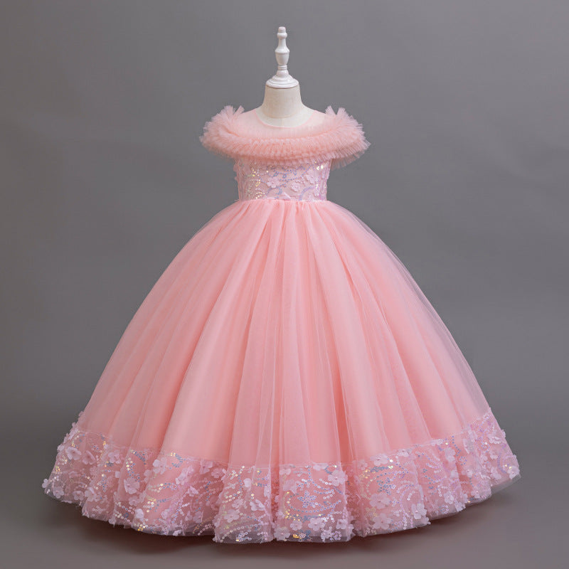 hot-selling girl's dress, flower girl wedding dress, ready-made mesh sequined children's piano performance dress, catwalk clothing