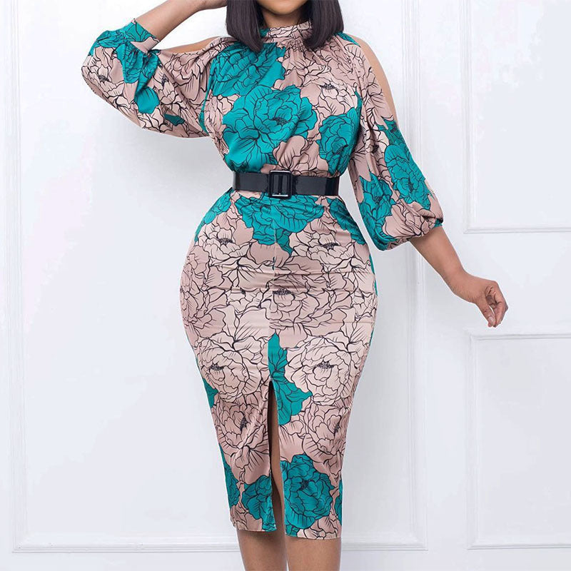 fashion african women's digital printing long sleeves waist bag hip professional style fashion dress special price