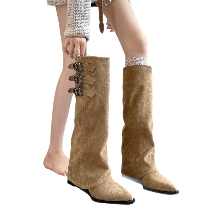 Pointed toe mid-heel hidden wedge over-the-knee boots with belt buckle detail - women's fall/winter french style suede fashion boots