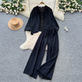 Classy sense of dressing for women autumloosecasuallacepatchwork lantern sleeve v neck shirt high waist wide leg straight-leg pants