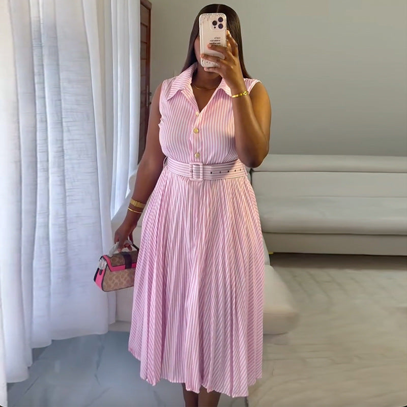 European and american cross-border women's fashion:  summer new arrival - elegant and stylish striped lapel tie-up pleated sleeveless dress