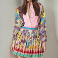 cross-border e-commerce european and american women's clothing: new summer collection - printed long-sleeve shirt and pleated skirt two-piece set
