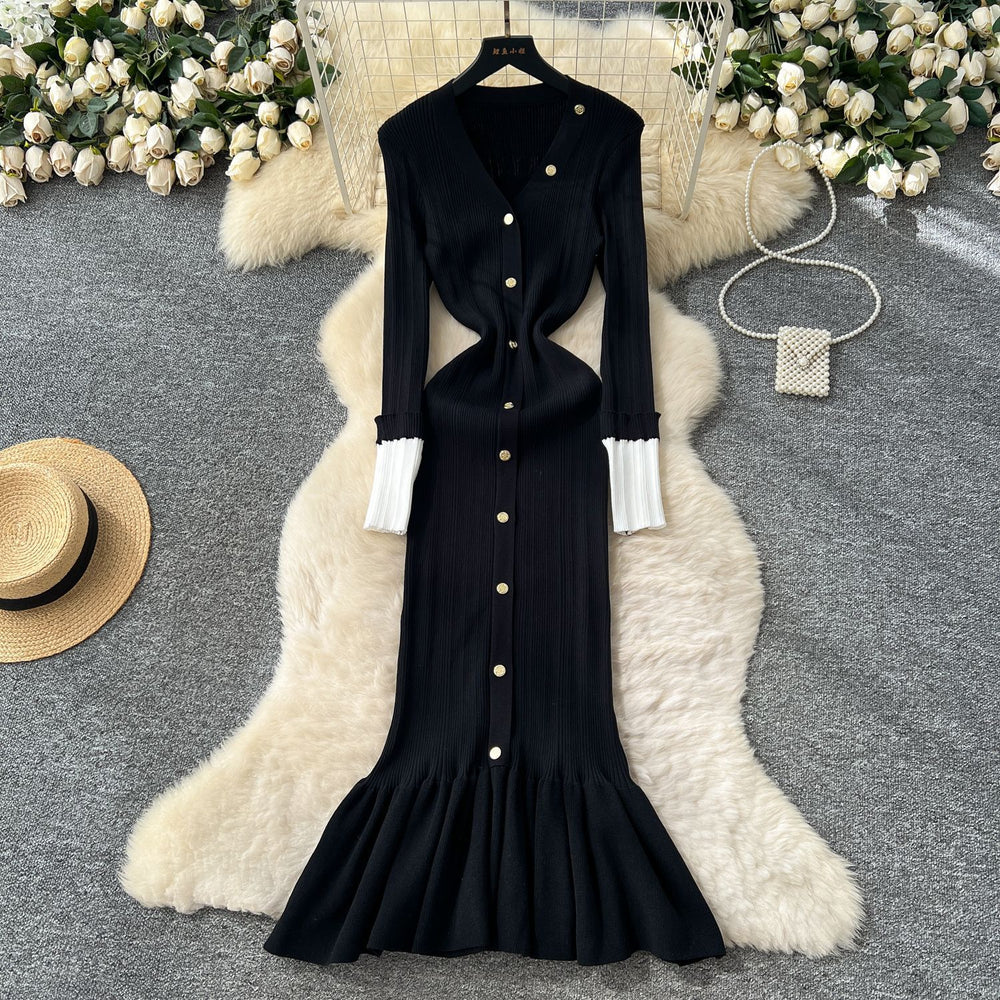 French retro chic v-neck metallic buckle color block long sleeve knit dress - slim fit mermaid maxi dress