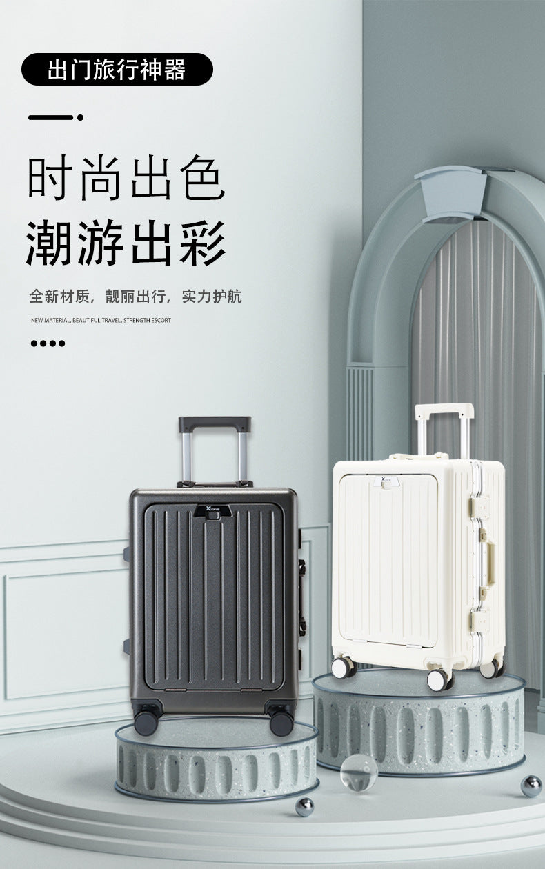 20-Inch aluminum frame front open suitcase women's small, lightweight and multi-functional charging travel trolley case password box