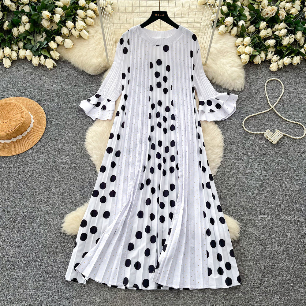 K-style polka dot pleated short-sleeved dress women's summerruffle sleeve round neck pleated skirtslimming lookelegantwork clothing skirt