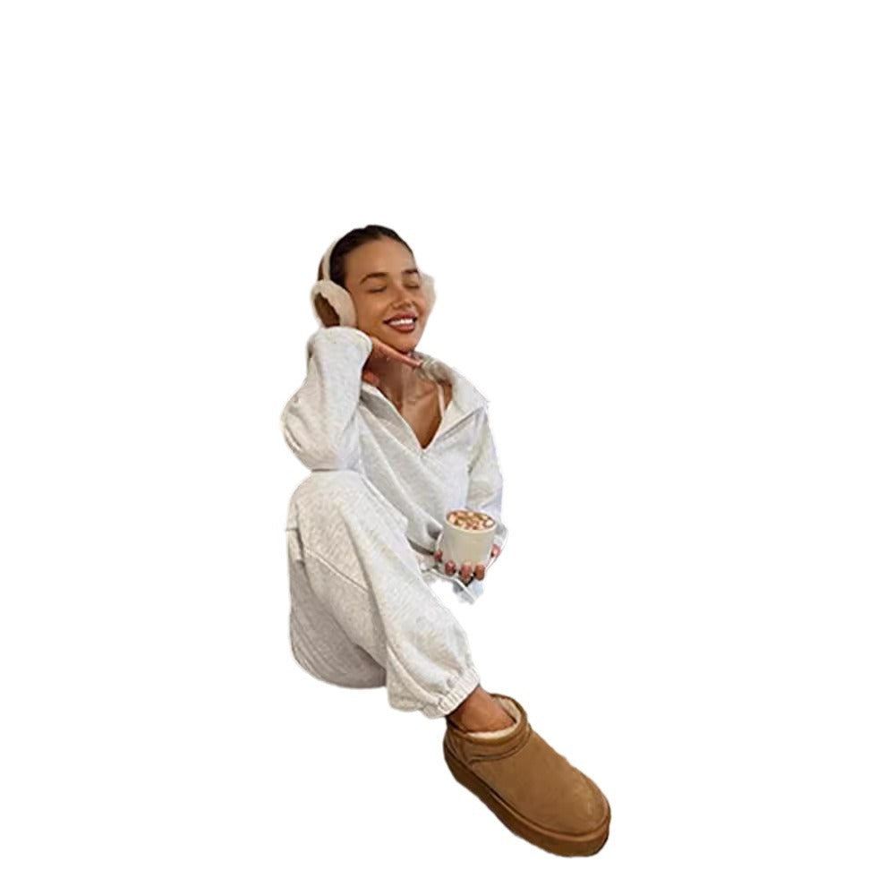 Cross-border independent station casual women's clothing fashion semi-turtleneck long-sleeved sweater sweatpants set loose solid color two-piece set women