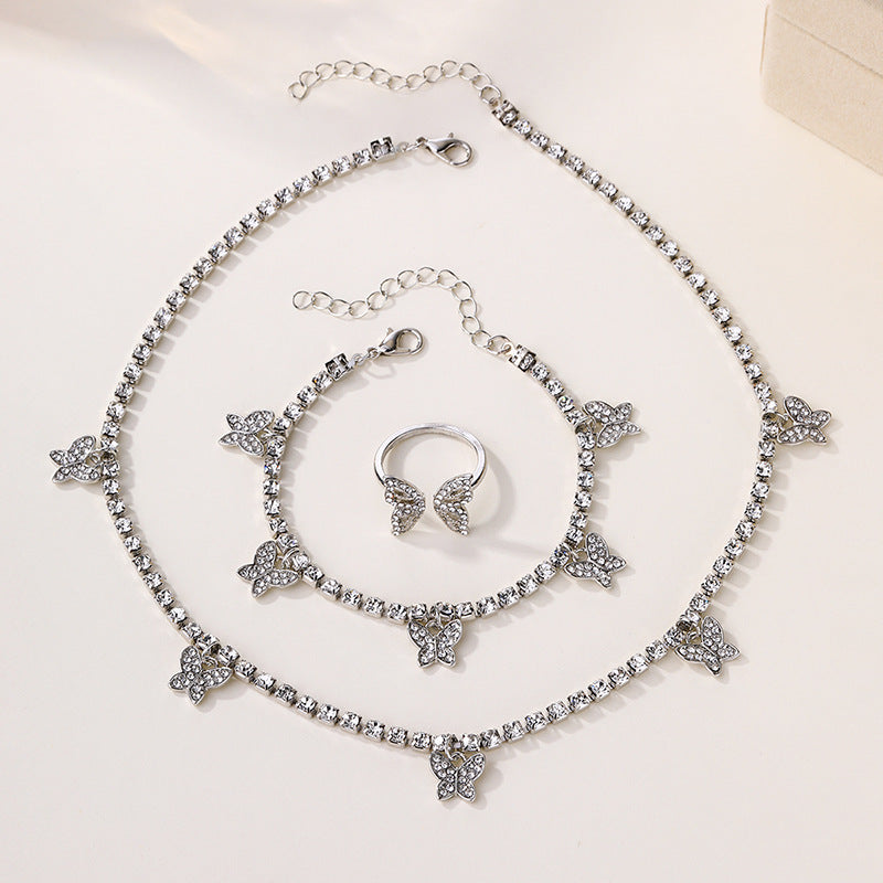 European and american cross-border e-commerce jewelry amazon hot-selling set: alloy butterfly pendant necklace, diamond-studded bracelet and ring for women