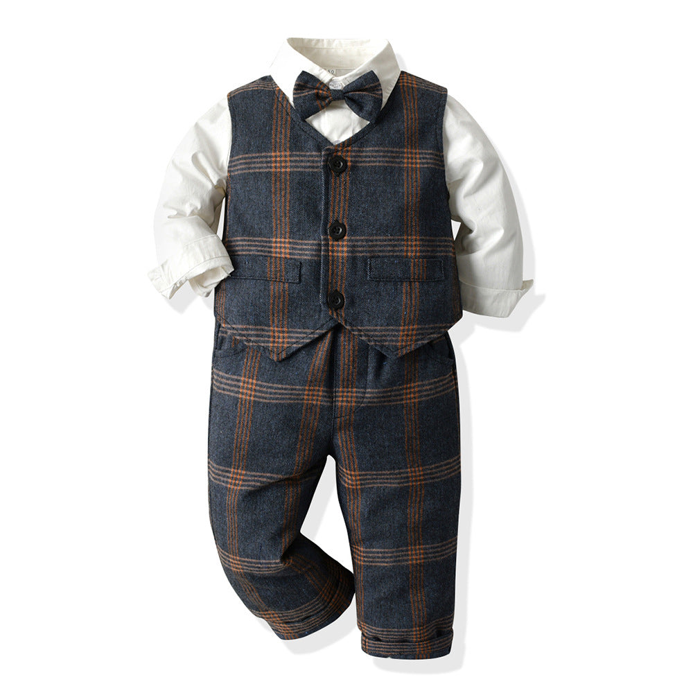 Wholesale children's gentleman outfit: new spring plaid vest set for boys - perfect for birthdays and first birthday celebrations