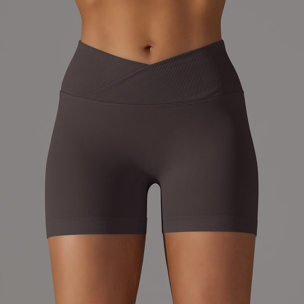 fashion seamless knitting breathable pure color cross waist peach butt yoga shorts running fitness three-quarter pants women