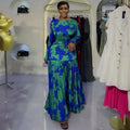 European and american cross-border women's spring  new arrival: elegant printed round neck backless slim-fit pleated maxi dress
