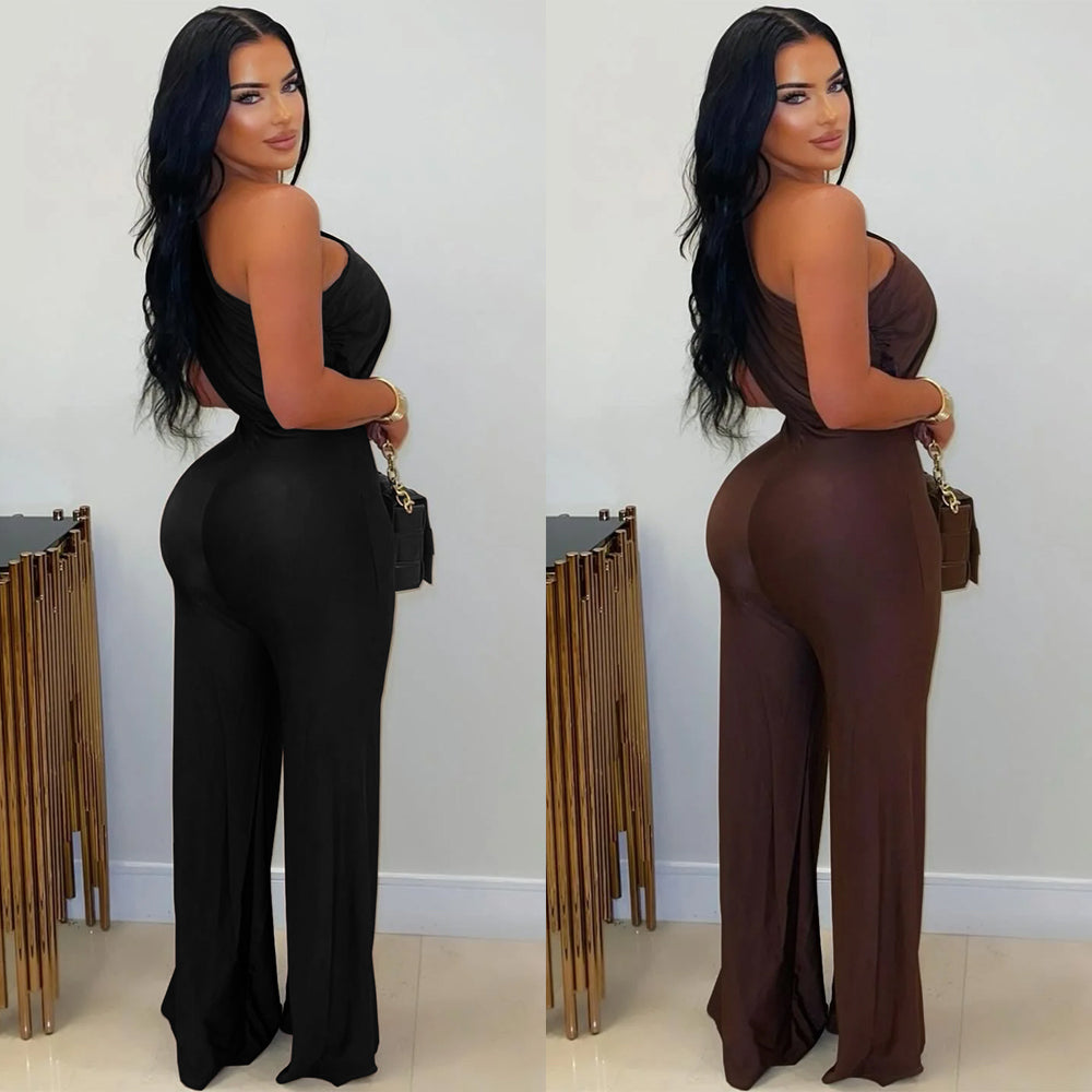 C7578 cross-border   fashion women's casual one-shoulder sleeveless bodycon wide-leg jumpsuit