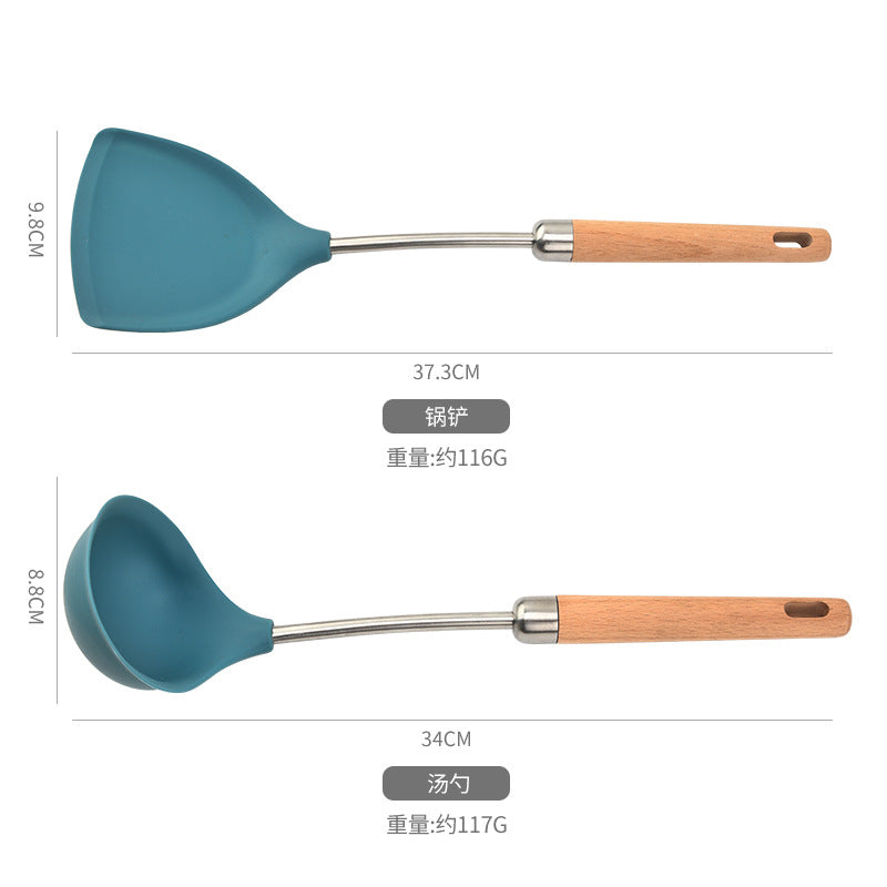 Food grade 304 stainless steel pipe handle cooking shovel household beech handle spoon shovel non-stick pan silicone kitchenware