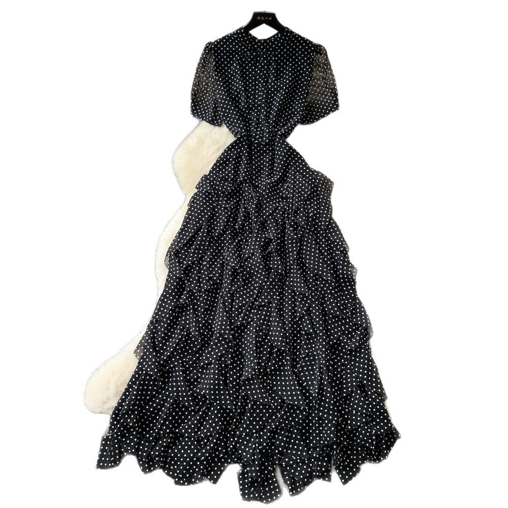 French romantic red polka dot a-line dress - women's summer irregular high-waisted slimming elegant maxi dress