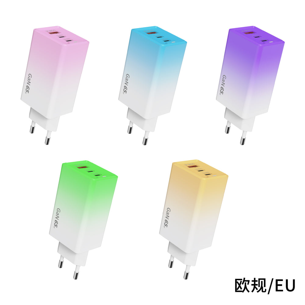 65w multi-port charging head usb+type-c gradient shell qc3.0 us, european and british standard fast charging charging head with light