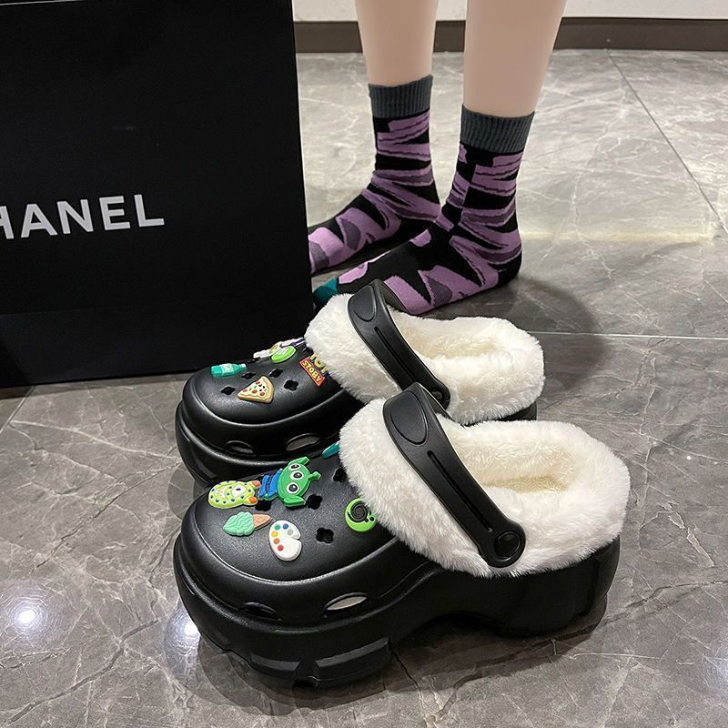 Clogs winterfleece-lineddetachable women's fall and wintergirl high heels cute student non-slip cotton slippers winterfleece-lined