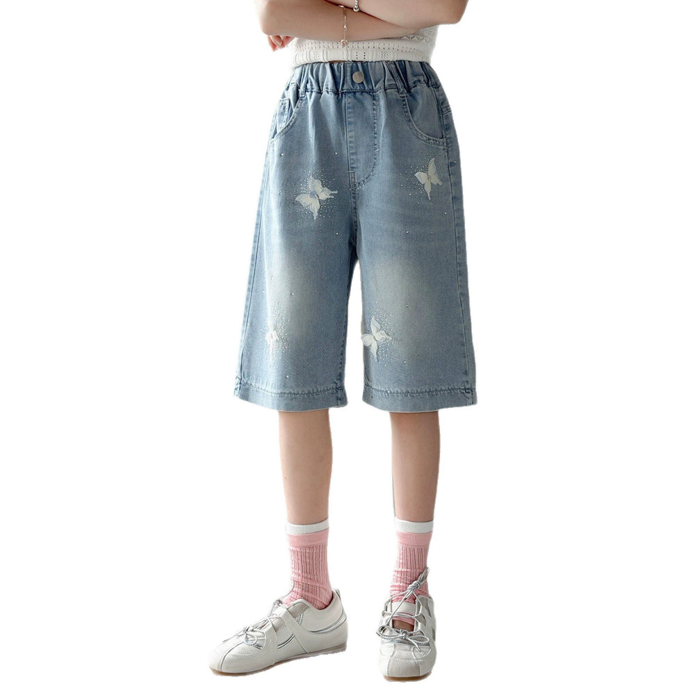 Girl hot diamond denim mid-pants summer style pants kids middle-aged and big kids shorts easiest for matchsummer thin half length pants